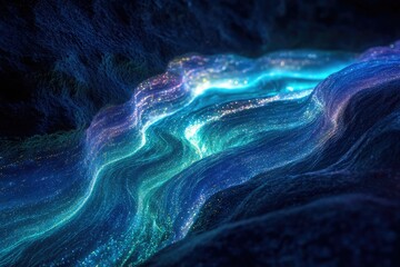 Poster - Abstract digital art depicting glowing, flowing, blue and teal waves resembling a cosmic landscape or underwater scene.