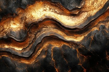 Fototapete - Abstract image of dark and golden swirling rock formations, resembling a geological landscape.