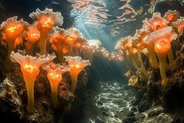 Wall Mural - Luminescent underwater flora illuminates a submerged passage, creating a magical, ethereal scene.
