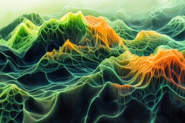 Leinwandbilder - Abstract landscape of vibrant green and orange hues, resembling a digital mountain range formed from interconnected points.