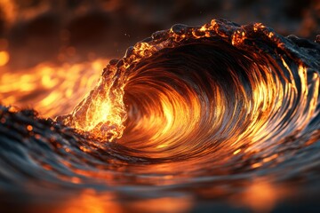 Aufkleber - A fiery ocean wave crashes, glowing with intense orange and yellow light, a mesmerizing spectacle of nature.