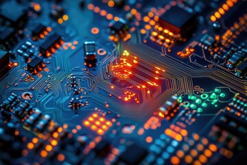 Poster - Close-up of illuminated circuit board showcasing intricate electronic pathways and components.