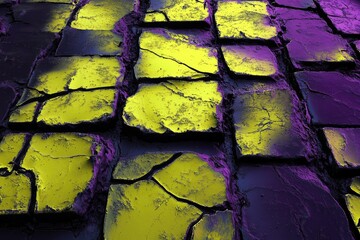 Aufkleber - Abstract image of cracked pavement in vibrant yellow and purple hues, creating a textured, artistic effect.