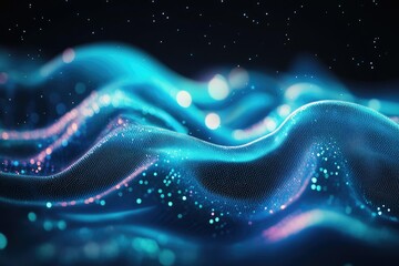 Poster - Abstract blue wave of particles, glowing with light, creating a digital, futuristic, and dynamic visual effect.
