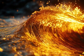Aufkleber - Golden wave, illuminated by sunlight, crashing and sparkling, a breathtaking ocean scene.