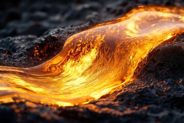 Aufkleber - Glowing molten lava flows like a fiery river over dark volcanic rock, a mesmerizing spectacle of nature's power.