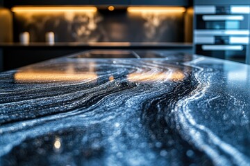 Aufkleber - Close-up of a sleek, modern kitchen countertop with a stunning, swirled, dark-blue and white pattern.