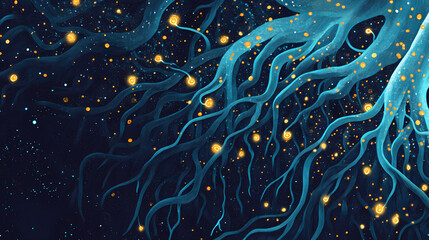 Wall Mural - intricate underground fungal network connecting tree roots , biodiversity, secret. fungal web. illus