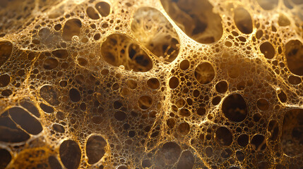 Mycelial network. macro view of intricate golden-brown structures with web-like patterns and darker areas, reminiscent of fungal mycelium or neural networks. Fungal Web. Illustration