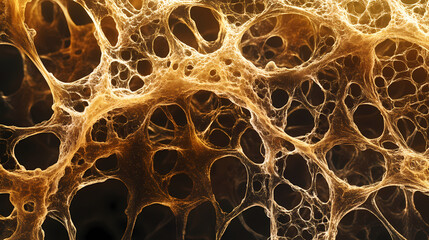 Mycelial network. macro view of intricate golden-brown structures with web-like patterns and darker areas, reminiscent of fungal mycelium or neural networks. Fungal Web. Illustration