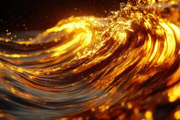 Poster - Golden wave, illuminated by sunlight, shows texture and movement of water.
