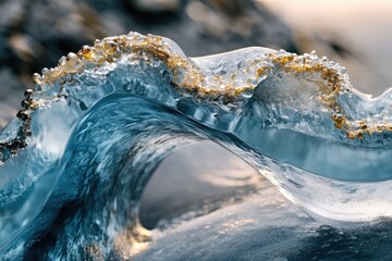 Fototapete - Frozen wave with golden accents, a mesmerizing icy sculpture in nature.