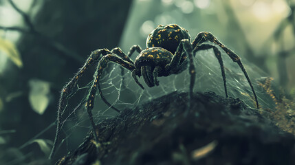 Wall Mural - Spider with fungal growth in eerie forest setting, soft focus. Fungal Web. Illustration