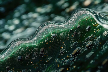 Aufkleber - Abstract image of a circuit board submerged in a wavy, translucent liquid, showcasing technological innovation.