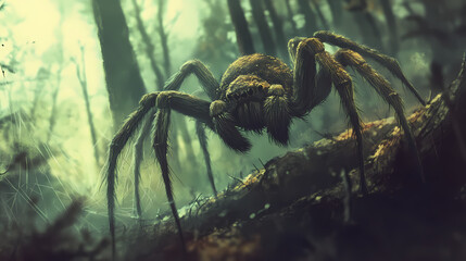 Wall Mural - Spider with fungal growth in eerie forest setting, soft focus. Fungal Web. Illustration