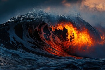 Aufkleber - A fiery sunset illuminates the interior of a powerful ocean wave, creating a breathtaking spectacle of nature's raw power.