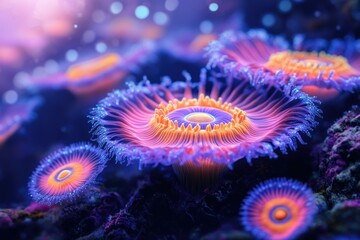Wall Mural - Vibrant, bioluminescent coral polyps bloom in a deep ocean scene, radiating otherworldly beauty.