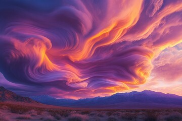Wall Mural - dramatic sunset paints swirling, vibrant clouds over a majestic mountain range, creating a breathtak