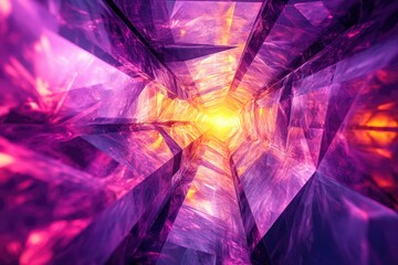 Aufkleber - Abstract purple and orange crystal tunnel, glowing light at the end, fractal art.