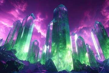 Wall Mural - a mesmerizing landscape of towering, vibrant green and purple crystals under a dramatic, cloudy sky.