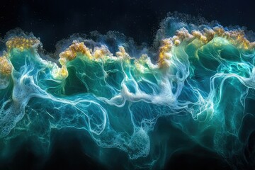 Aufkleber - Abstract ocean wave art, teal and gold hues swirling in a mesmerizing pattern.