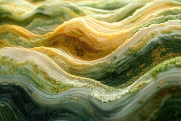 Fototapete - Abstract wavy landscape with gold and green hues, resembling a textured painting or geological formation.