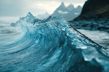 Aufkleber - A mesmerizing close-up of an ocean wave crashing against a rocky shore, mountains in the background.