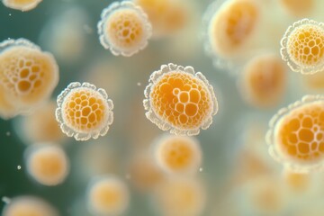 Aufkleber - Microscopic view of numerous orange, spherical cells with a bubbly texture, possibly microorganisms or cells.