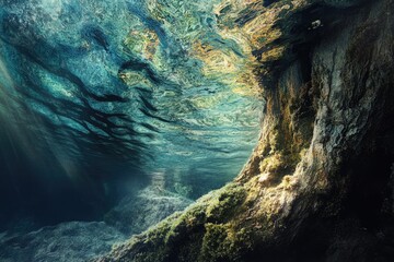 Poster - Sunbeams illuminate an underwater scene, revealing a submerged tree and textured rock formations.