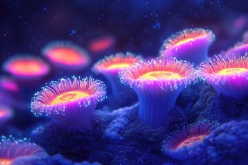 Wall Mural - Vibrant bioluminescent coral polyps illuminate the deep ocean floor with their ethereal glow.
