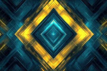 Poster - Abstract geometric artwork featuring intersecting teal and gold squares creating a mesmerizing, symmetrical pattern.
