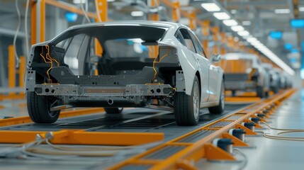 Fototapete - Modern electric vehicle assembly line showcasing battery pack production in eco-friendly facility Generative AI