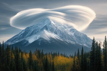 Wall Mural - A majestic snow-capped mountain peak shrouded by a swirling lenticular cloud formation.