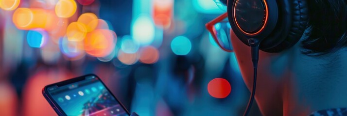 Poster - Close-up of an ear with headphones, highlighting a smartphone and music app in a vibrant urban setting at night Generative AI