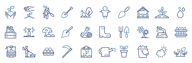 farming blue web line icons. garden. containing plant, flowers, trees, watering can, fence, cultivat