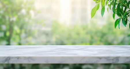 Fototapete - Empty marble table with blurred green spring nature background for product display