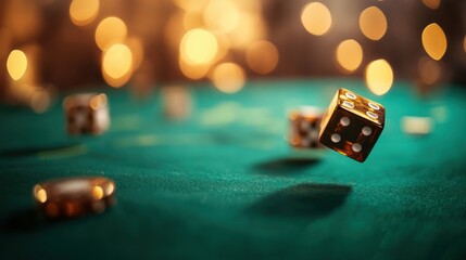 Fototapete - Golden dice roll across a velvet green casino table under glowing lights creating a lively atmosphere for high stakes play Generative AI