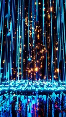 Wall Mural - digital streams cascade vertically. seamless looping cybernetic light visualization with complex ver