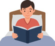 © DesignVectX - Young boy reading a book in bed with a relaxed expression, flat vector illustration