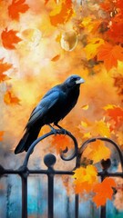 Wall Mural - Crow perches on vintage fence. Autumn leaves swirl in vibrant golden orange background. Vertical seamless loop with dramatic atmospheric motion.