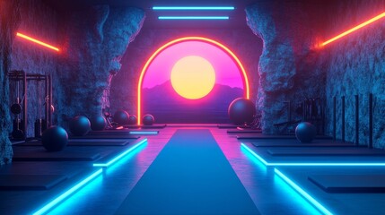 Wall Mural - a fitness studio illuminated by neon lights, featuring lounge chairs, exercise balls, and a pink cir