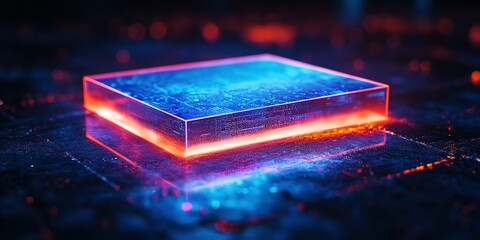 Wall Mural - glowing rectangular panel illuminated in vibrant colors on a reflective surface at night