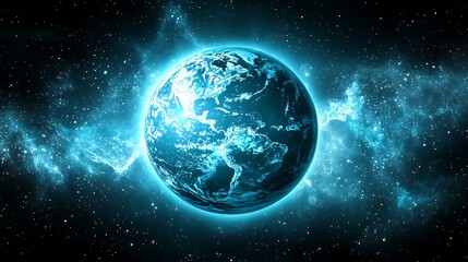 Wall Mural - A glowing blue planet surrounded by cosmic stardust and stars