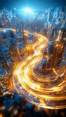 Wall Mural - dynamic urban energy flow. futuristic cityscape with luminescent transportation stream. vertical sea