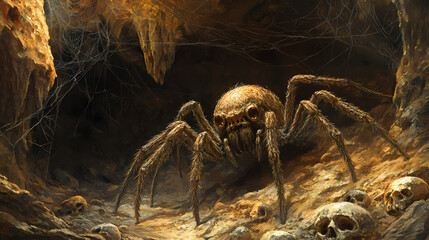 Wall Mural - Monstrous cave spider lurks among bones and webs. Subterranean Threads. Illustration