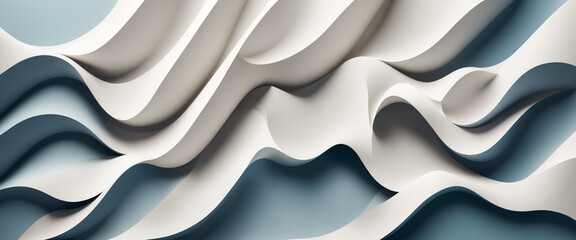 abstract fluid waves in white and blue tones, three dimensional flowing surface with smooth curved layers and deep shadows, futuristic organic pattern