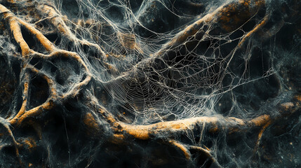 Wall Mural - Delicate threads of a spider's web among roots in nature's depths. Subterranean Threads. Illustration
