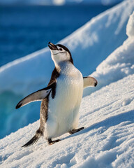 Fototapete - A penguin stands on a snowy landscape with a blue ocean in the background. The scene captures a moment of tranquility in a cold environment.