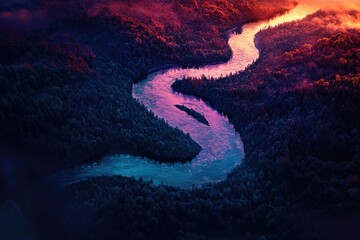 Wall Mural - A winding river flows through a dense forest at sunset, creating a vibrant, colorful landscape.