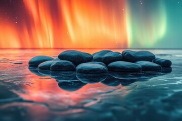 Wall Mural - Serene dark stones resting on calm water, reflecting a vibrant aurora borealis.